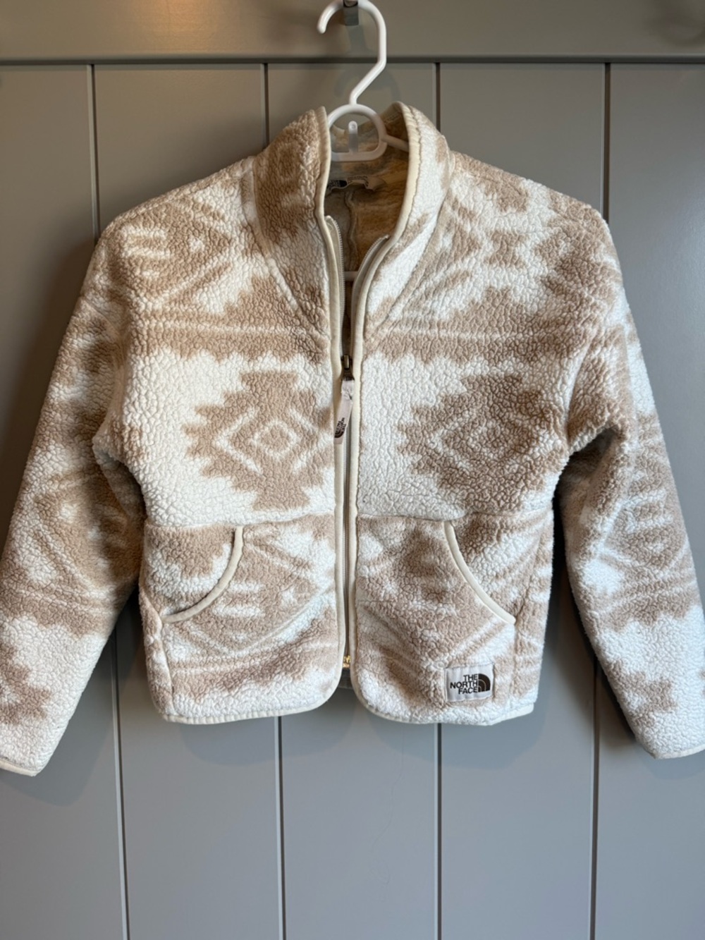 North Face Youth Small 7/8 Campshire Zip Sherpa Fleece White Tribal Geo Print - Picture 3 of 14